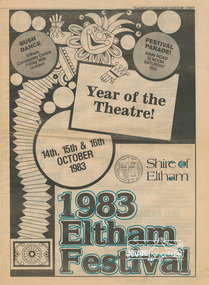 Program, Shire of Eltham 1983 Eltham Festival: Year of the Theatre!, 14th, 15th & 16th October 1983; Insert, Diamond Valley News, 11 October 1983, pp35-46, 1983