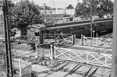 Photograph, George Coop, A Tait (Red Rattler) train passes through the level crossing at Box Hill, c.Feb.1964