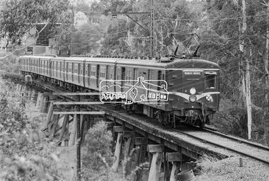 Photograph, George Coop, Eltham bound Harris (Blue) train from Princes Bridge crossing the Eltham Railway Trestle Bridge, March 1980, 1980