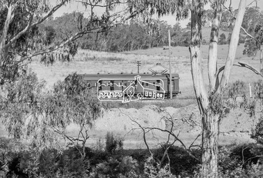 Photograph, George Coop, Single Motor Carriage 471M Tait (Red Rattler) train near Allendale Road level crossing, Eltham, March 1980, 1980