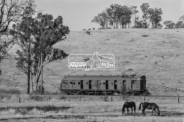 Photograph, George Coop, Single Motor Carriage 471M Tait (Red Rattler) train near Allendale Road level crossing, Eltham, March 1980, 1980