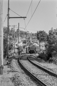 Photograph, George Coop, Hurstbridge bound single carriage Tait (Red Rattler) train near Diamond Street level crossing having just departed Eltham, March 1980, 1980