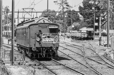 Photograph, George Coop, Single Motor Carriage 471M Red Rattler Tait train departs from Eltham Station for Hurstbridge, c. December 1980, 1980