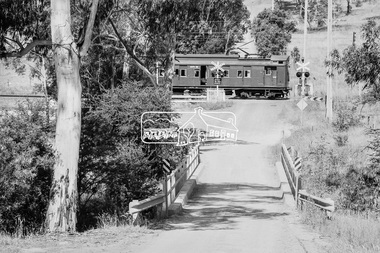 Photograph, George Coop, Single Motor Carriage 471M Tait (Red Rattler) train crossing Allendale Road, heading to Eltham station, 6 December 1980, 1980