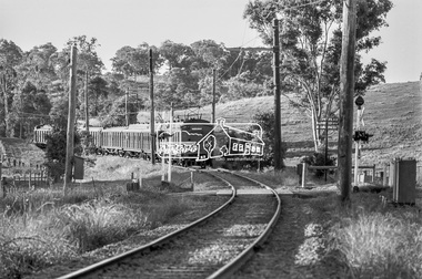 Photograph, George Coop, A Princes Bridge bound Tait (Red Rattler) train heading towards Eltham approaches the level crossing at Allendale Road, Eltham, c.1981, 1981