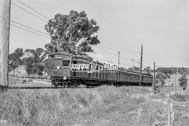 Photograph, George Coop, A Tait (Red Rattler) train heading towards Eltham approaches the level crossing at Allendale Road, Eltham, c.1981, 1981