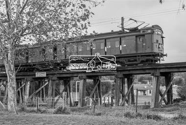 Photograph, George Coop, A Tait (Red Rattler) train bound for Princes Bridge crosses the Eltham Railway Trestle Bridge, c.1981, 1981