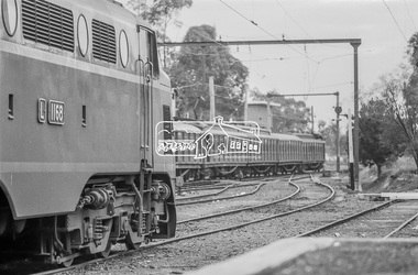 Photograph, George Coop, L1168, an L-class electric locomtive shunting freight cars at Eltham Railway Station, c.1981, 1981