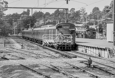 Photograph, George Coop, A (Red Rattler) Tait train for Princes Bridge and a Single Motor Carriage Tait train at Eltham Railway Station, 7-8 February 1981, 1981