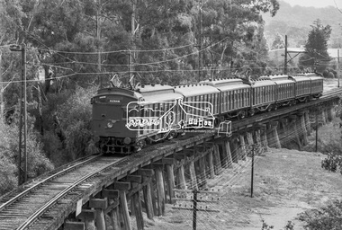 Photograph, George Coop, An Eltham bound Tait (Red Rattler) train crossing the Eltham Railway Trestle Bridge, 7-8 February 1981, 1981