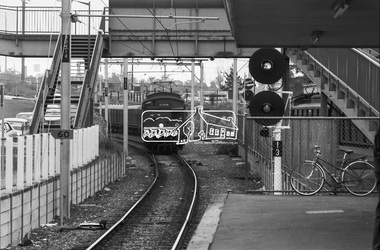 Photograph, George Coop, A Tait (Red Rattler) train arrives at Greensborough Railway Station bound for Eltham, c. October 1982, 1982