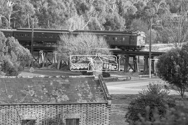 Photograph, George Coop, Tait (Red Rattler) train crossing Eltham Railway Trestle Bridge, c.October 1982, 1982