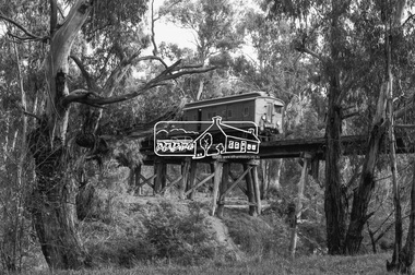 Photograph, George Coop, A Tait (Red Rattler) train passing over the Eltham Railway Trestle Bridge, 3 July 1983, 1983