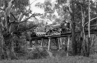 Photograph, George Coop, Vintage train excursion hauled by steam locomotive K-190 crossing the Eltham Railway Trestle Bridge, 3 July 1983, 1983