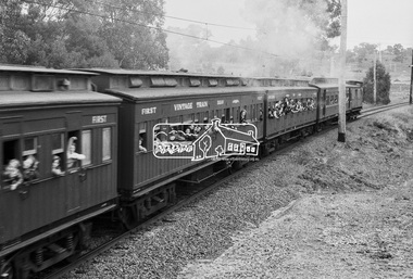 Photograph, George Coop, Vintage train excursion hauled by steam locomotive K-190 en route to Hurstbridge near the level crossing at Allendale Road, Eltham, 3 July 1983, 1983