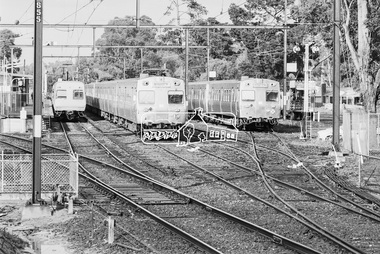 Photograph, George Coop, Comeng and Hitachi electric trains at Eltham Railway Station, 21 August 1983, 1983