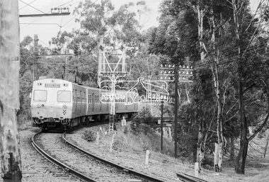 Photograph, George Coop, Flinders Street bound Hitachi train crossing the Eltham Railway Trestle Bridge, 21 August 1983, 1983