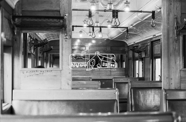 Photograph, George Coop, Interior of a Red Rattler Tait train passenger carriage, 22 August 1983, 1983