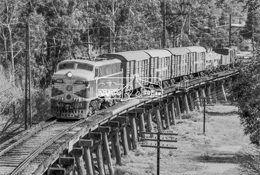Photograph, George Coop, Victorian Railways electric locomotive L1159 and freight cars traversing the Eltham Railway Trestle bridge, 23 August 1983, 1983