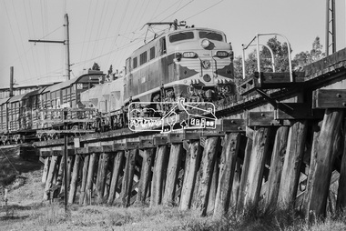 Photograph, George Coop, Victorian Railways electric locomotive L1159 and freight cars traversing the Eltham Railway Trestle bridge, 23 August 1983, 1983