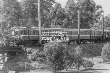 Photograph, George Coop, A Harris (Blue) train bound for Princes Bridge crossing the Eltham Railway Trestle Bridge at Panther Place, c.1980, 1980
