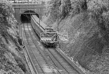 Photograph, George Coop, Heidelberg bound Tait train exiting tunnel, c.November 1962, 1962