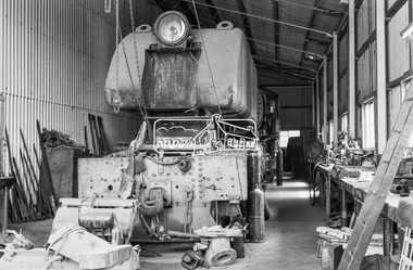Photograph, George Coop, 4-8-2+2-8-4 Australian Standard Garratt Steam Locomotive in the workshop, Fyansford Cement Works Railway, c.Feb. 1964