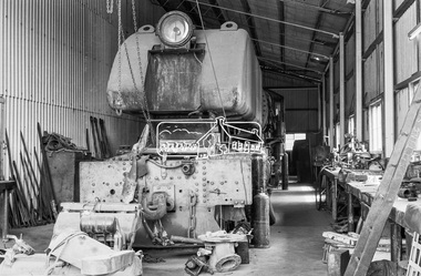 Photograph, 4-8-2+2-8-4 Australian Standard Garratt Steam Locomotive in the workshop, Fyansford Cement Works Railway, c.Feb. 1964