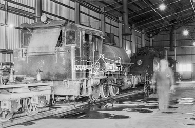 Photograph, George Coop, No. 4 locomotive, a Vulcan Iron Works  0-6-0SToc in the workshop,  Fyansford Cement Works Railway, c.Feb. 1964