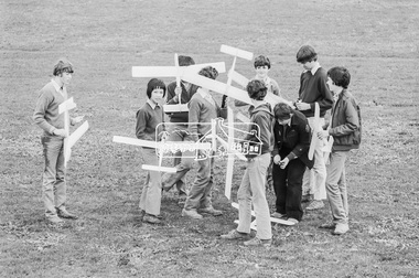 Photograph, George Coop, Balsa wood model airplane construction class, Nunawading High School, Canterbury Road, c.August 1983, 1983