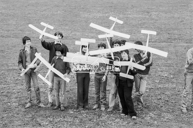 Photograph, George Coop, Balsa wood model airplane construction class, Nunawading High School, Canterbury Road, c.August 1983, 1983