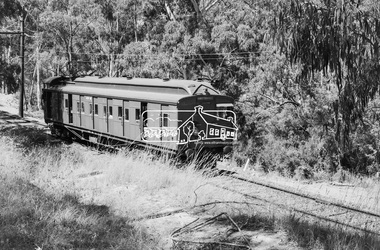 Photograph, George Coop, Single Motor Carriage 471M Tait (Red Rattler) train heading for Hurstbridge, possibly near the Diamond Creek crossing just north of Allendale Road, c.1980, 1980