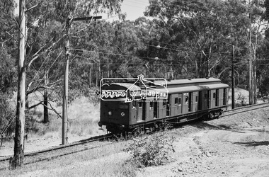 Photograph, George Coop, Single Motor Carriage 471M Tait (Red Rattler) train heading for Eltham, possibly near the Diamond Creek crossing just north of Allendale Road, c.1980, 1980