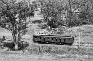 Photograph, George Coop, Single Motor Carriage 471M (Red Rattler) Tait train, heading for Hurstbridge near Allendale Road, Diamond Creek, c.December 1980, 1980