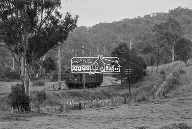 Photograph, George Coop, Single Motor Carriage 473M (Red Rattler) Tait train heading from Eltham to Hurstbridge, possibly near Eltham North, 3 July 1983, 1983