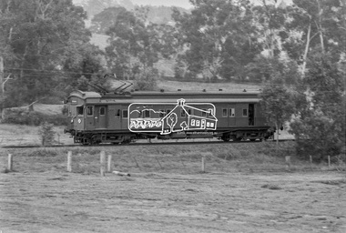 Photograph, George Coop, Single Motor Carriage 473M (Red Rattler) Tait train heading from Eltham to Hurstbridge, possibly near Eltham North, 3 July 1983, 1983