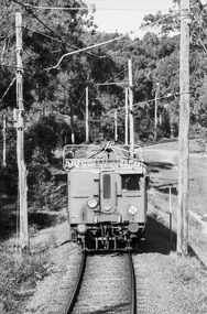 Photograph, George Coop, Single Motor Carriage 473M (Red Rattler) Tait train heading to Hurstbridge just before crossing over the Diamond Creek north of Allendale Road, 17 July 1983, 1983