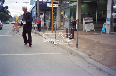 Photograph, Footpath upgrade outside Midway Arcade, Main Road shops near Pryor Street, Eltham, c.1986, 1986c