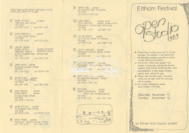 Document, Program, Open Studio 1989, Eltham Festival, 11-12 November 1989, 1989