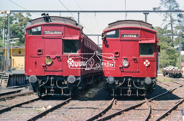 Photograph, Two Tait (Red Rattler) trains in the holding yard at Eltham Railway Station, c. March 1981, 1981