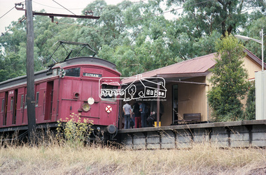 Photograph, George Coop, Passengers disembark a Tait (Red Rattler) train at Montmorency Railway Station, c. March 1981, c. March 1981