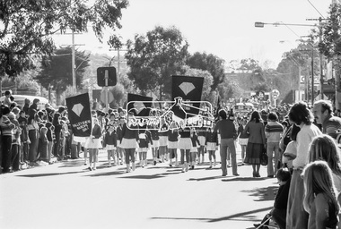 Photograph, Valley Jewelers Marching Band, Eltham Community Festival Grand Parade, Main Road near Arthur Street, Eltham, 6 August 1977, 1977