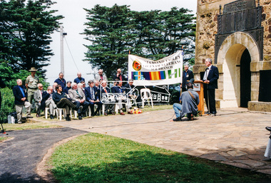 Photograph, Jim Wandin, Wurundjeri Elder welcomes all to this site of his people, Rededication Ceremony, War Memorial Tower, Kangaroo Ground. 8 November, 2001, 08/11/2001