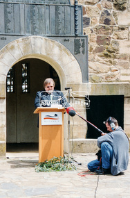 Photograph, Mayor Cr. Sigmund Jorgensen welcomes guests, Rededication Ceremony, War Memorial Tower, Kangaroo Ground. 8 November, 2001, 08/11/2001