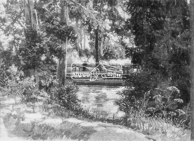 Photograph, Sketch of man on bridge over creek, 1971