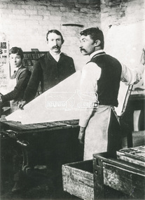 Photograph, L-R: John Edward Greenaway (apprentice), R. C. Harris (editor) and James Foggie in the Printing Office of the Evelyn Observer, Kangaroo Ground in the 1880s