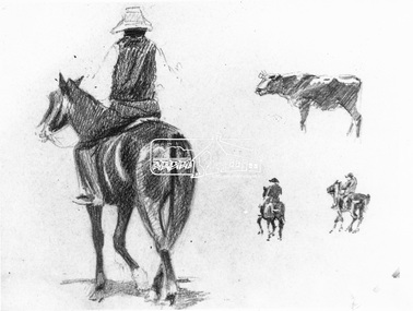 Photograph, Walter Withers, Pencil drawing from a sketch book by Walter Withers; figure study of man on horse with cow