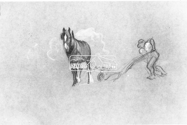 Photograph, Pencil drawing from a sketch book by Walter Withers; Study of man with horse and plough, 1971