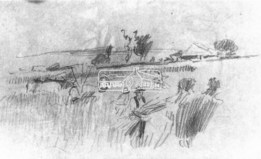 Photograph, Pencil drawing from a sketch book by Walter Withers; Harvesting study, 1971