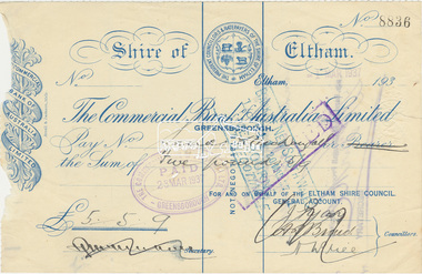 Cheque, Cancelled cheque from Shire of Eltham for £5/5/9 to Sands MacDougall, Commercial Bank of Australia Ltd, No. 8836, 1 March 1937
